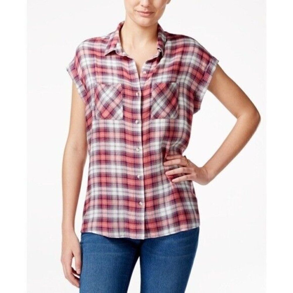 Polly & Esther Juniors' Cap-Sleeve Plaid Shirt, Dusty Coral / Olive, XS